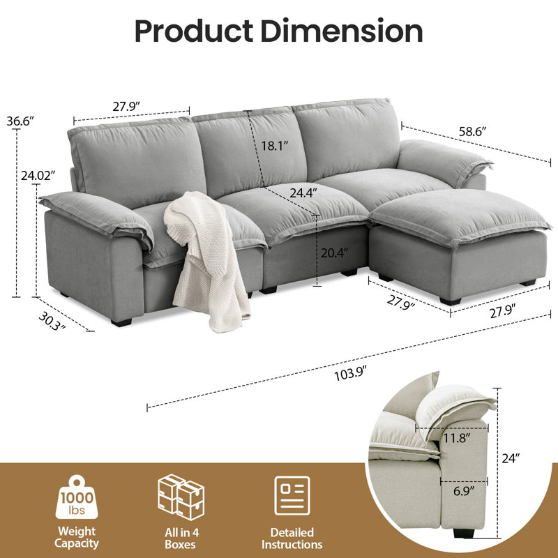 Chenille Upholstered L-Shaped Modular Sofa with Movable Ottoman, Gray