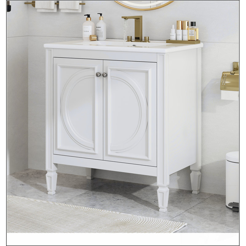Meuble-lavabo 30 po avec lavabo, deux portes avec tablette, charnières de porte à fermeture en douceur, style rétro, blanc