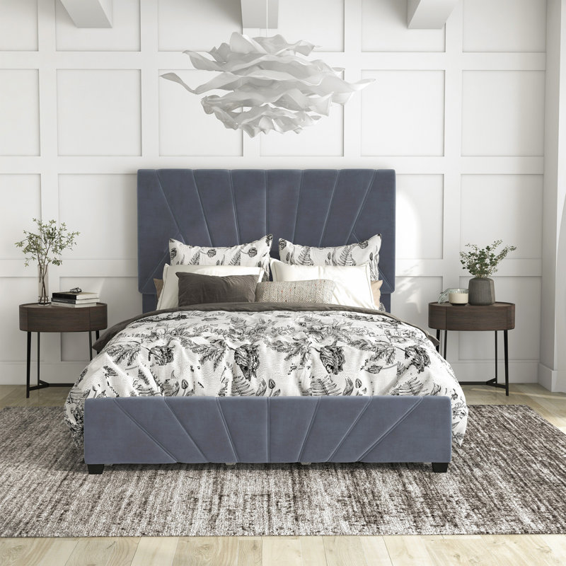 Lit plateforme tapissier avec rangement Amillya, Complète, Bleu marine