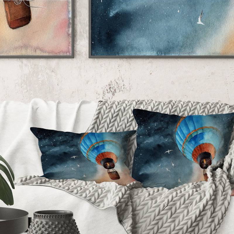 Coussin Blue Air Balloon In Starry Night - Country, 18 po x 18 po