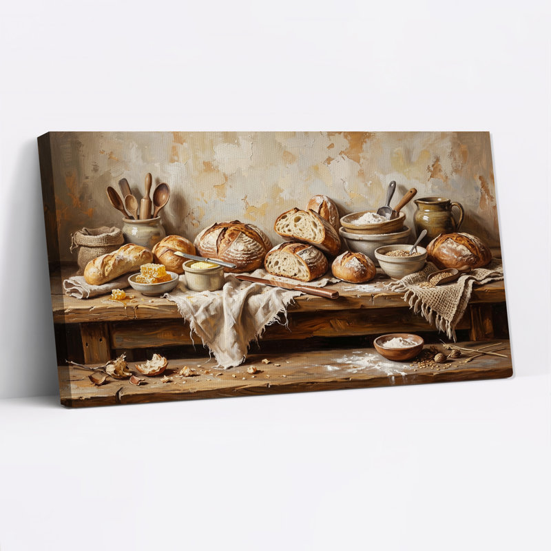 Toile rustique, pains et bols de farine sur une table en bois, art mural, L 40 po x H 20 po