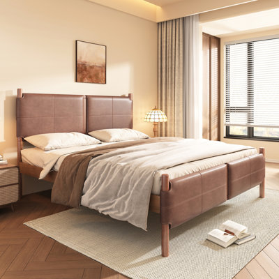 Grand lit avec tête de lit tapissier en similicuir brun, structure en bois, éléments industriels et décontractés, installation facile, aucun sommier requis, assemblage, pin massif pour une utilisation durable