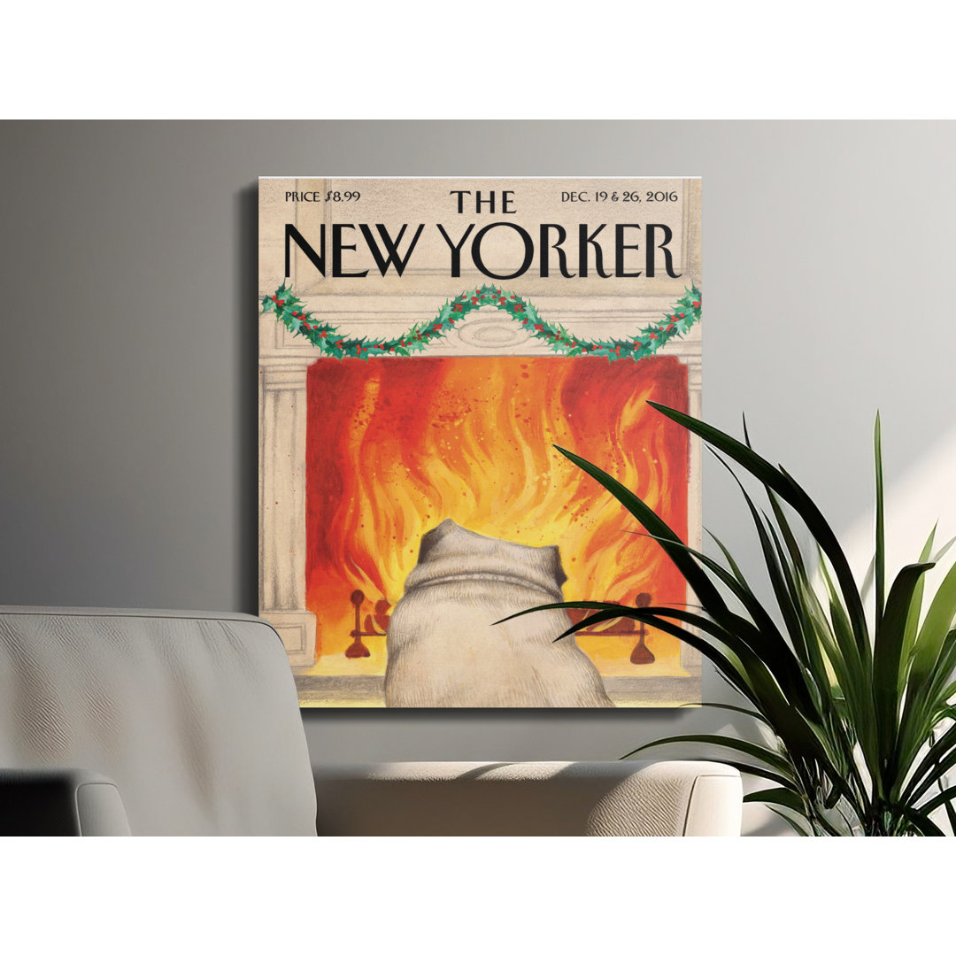 Pug Dog Fireplace Canvas Wall Art, New Yorker Christmas Cover Print, Cozy Holiday Decor, Gallery Wrapped, Archival Quality Canvas