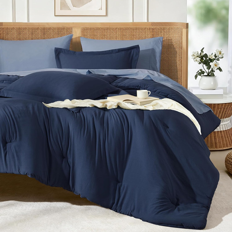 Ensemble de couette prélavée Suncomfy pour lit king, 7 pièces, bleu marine, Très grand lit, Navy Blue