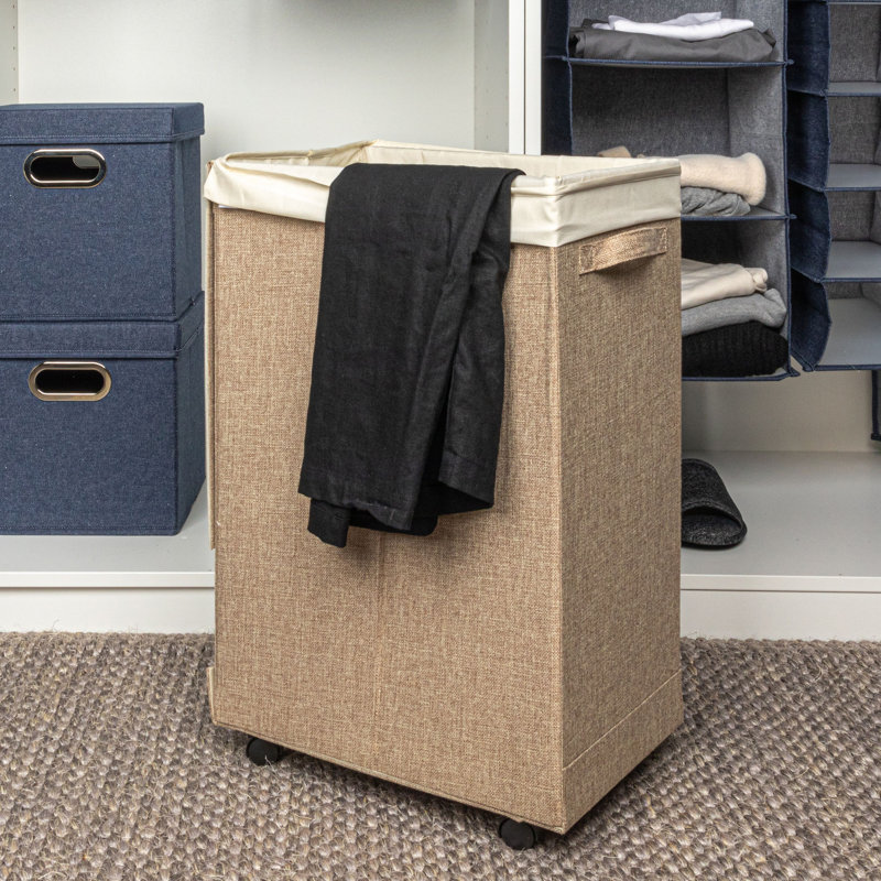 Latte Collapsible Polylinen Laundry Hamper with Lid and Wheels