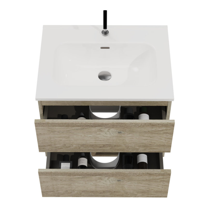 Meuble-lavabo mural en chêne brut et chêne brut de 24 po avec évier intégré en céramique avec trop-plein Gloria, Brun, 24"