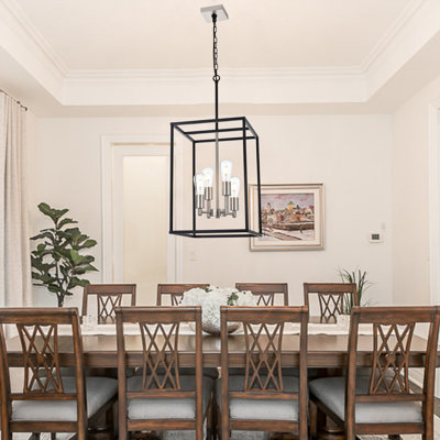 4-Light Dimmable Lantern Square/Rectangle Chandelier Black And Brushed Nickel Finished.