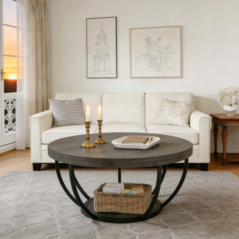 2-Tier Round Wooden Central Cocktail Table With Shelves, Gray & Black