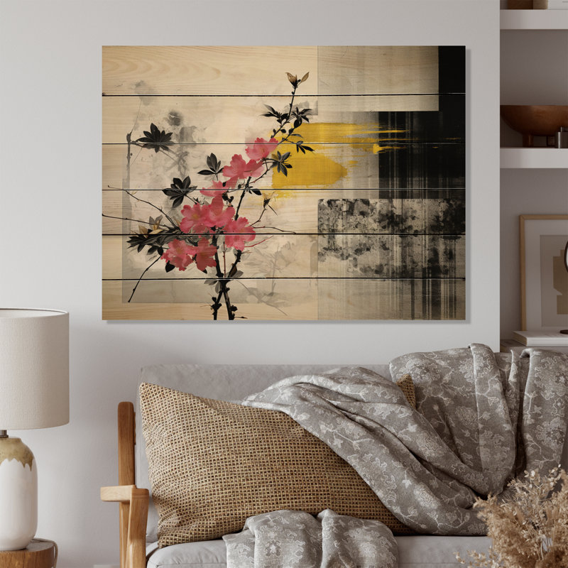 Art asiatique Sumi Blossom III sur bois, H 24 po x l 32 po x P 0,78 po