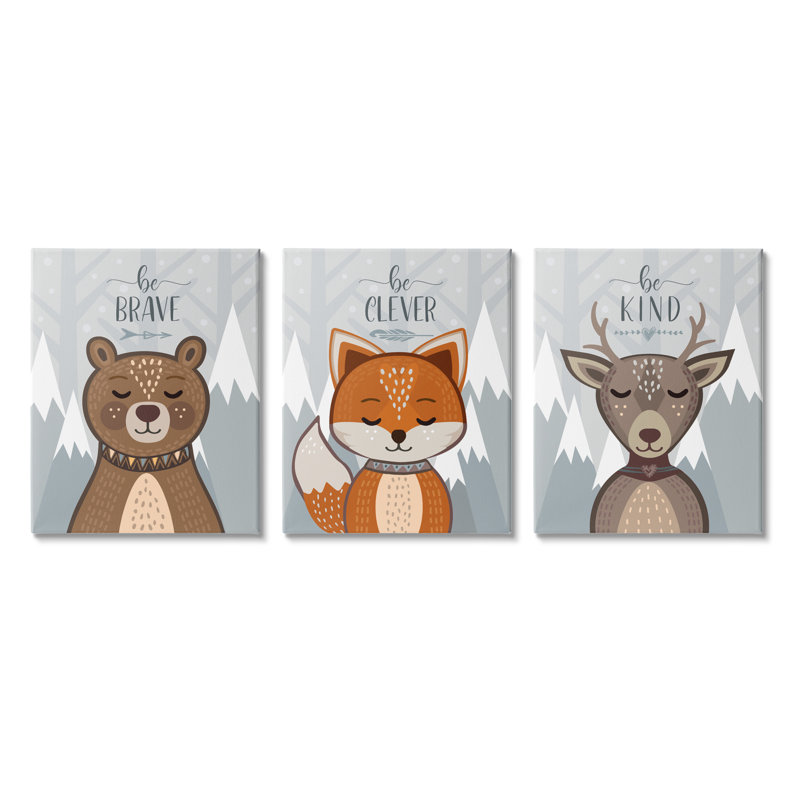 Be Kind Brave And Clever Expressions Animal de la forêt, H 30 po x l 24 po, Toile tendue