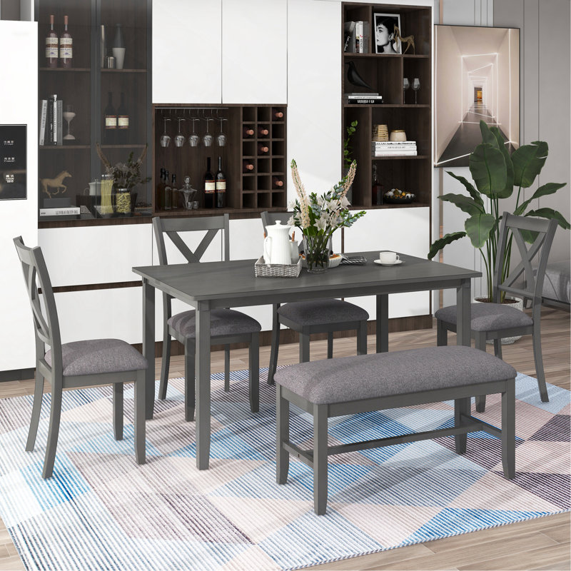 Ensemble de 6 tables de salle à manger en bois, 4 chaises en tissu et banc, Gris, Gris / Gris foncé