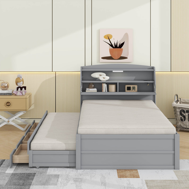 Lit plateforme en bois avec lit gigogne, tête de lit et tiroirs à DEL, Gris, Double