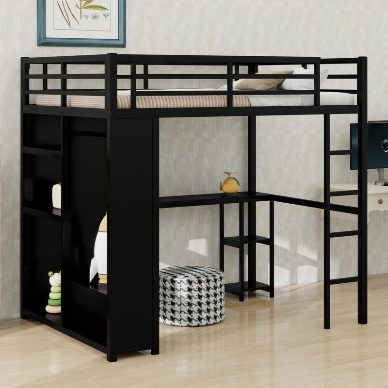 Loft Bed Frame With Built-In Wardrobe, Black, Queen