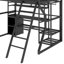 Lit mezzanine double en métal avec poste de travail intégré, garde-robe ouverte, DEL et rangement multiple