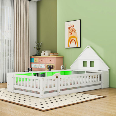 Twin-Size Wood Floor Bed with House-Inspired Headboard and Built-in Storage
