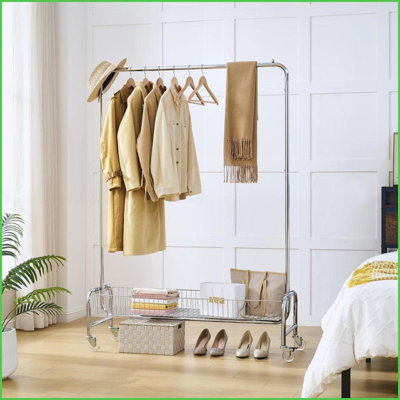 Porte-vêtements roulant robuste avec panier, assemblage facile | Fer | Argent