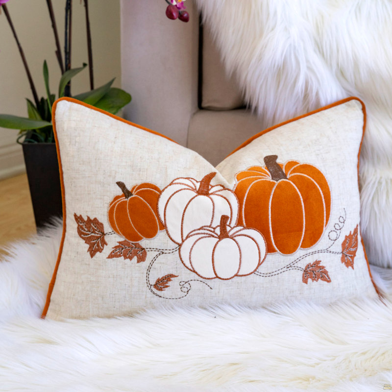 Coussin brodé lombaire citrouille brodé - Coussin décoratif d'automne, Simple, Rouille