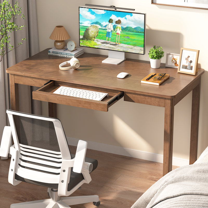100% Solid Wood Desk With Keyboard Tray - 48 X 24 Inch Computer Desk With Keyboard Tray, Mid Century Modern Writing Desks, Simple Study Table Home Office Desks For Small Spaces|bedroom-walnut