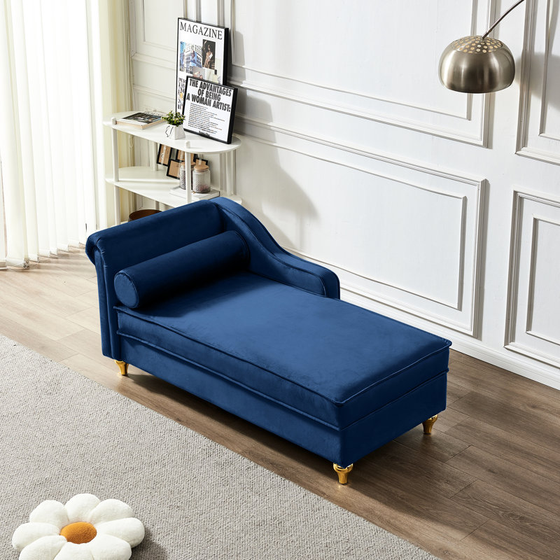 Chaise longue en velours bleu marine avec espace de rangement généreux - Revêtement doux et pieds dorés chics et modernes