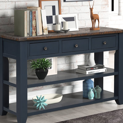 Console moderne en bois de pin massif bleu avec 3 tiroirs et 2 tablettes pour la chambre à coucher, les tablettes, le bureau à domicile polyvalent, le salon,