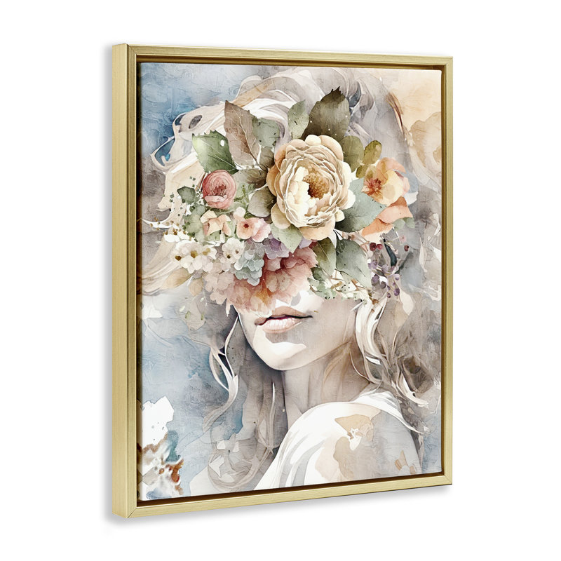 Portrait floral de fille, H 21 po x l 17 po, Cadre flottant métallique doré