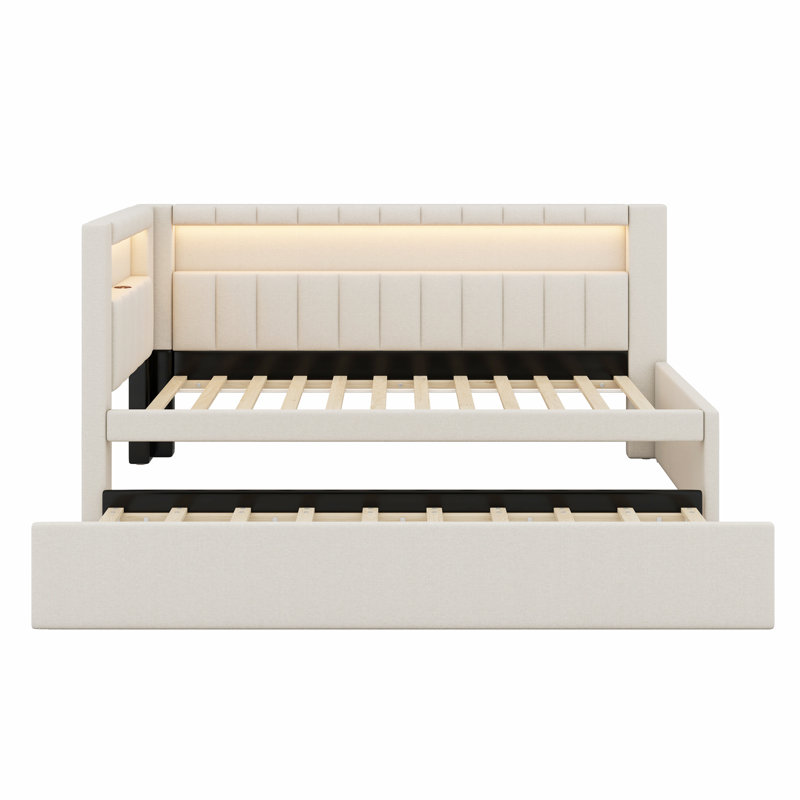 Lit plateforme tapissier avec ports USB et ceinture à DEL, avec lit gigogne, Blanc