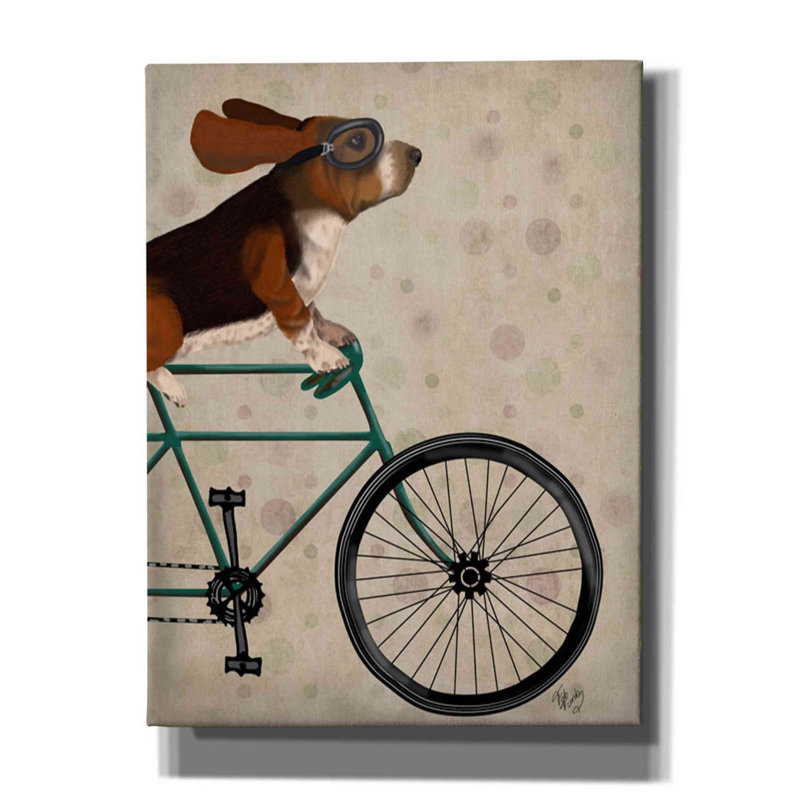 «Basset hound on cycle» par Fab Funky, art mural sur toile, H 18 po x l 16 po x P 0,75 po