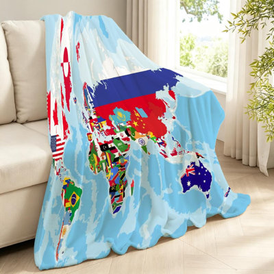 Jeté en flanelle transparente molletonnée, carte du monde avec impression recto de campagne
