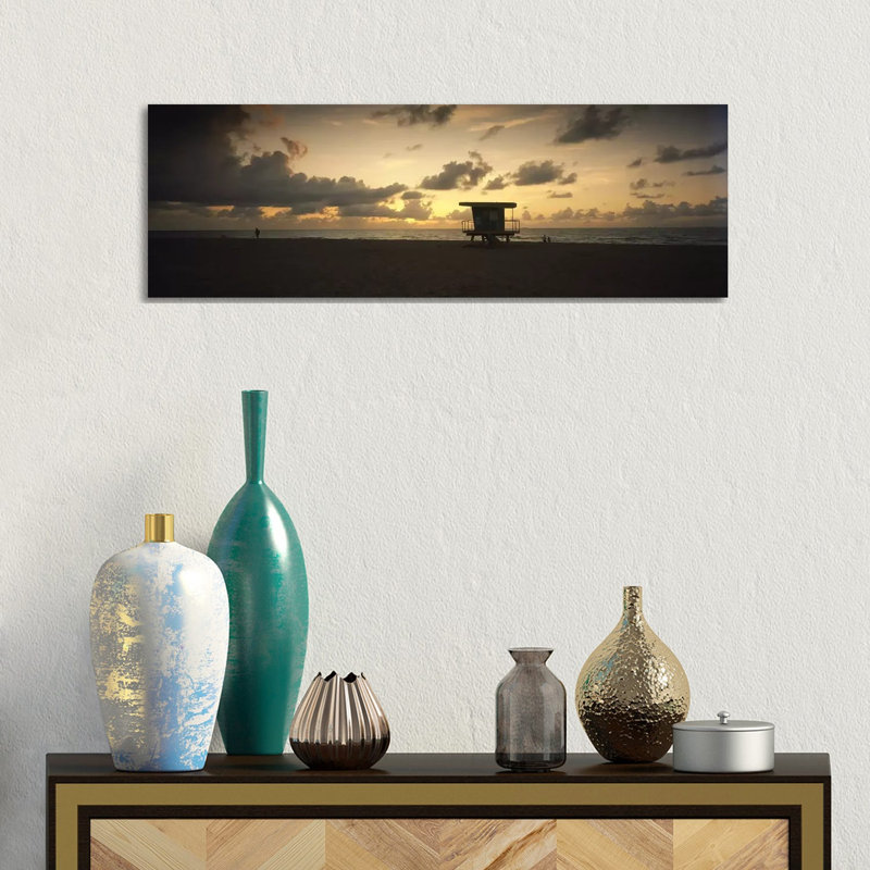 Silhouette Of A Lifeguard Hut On The Beach, South Beach, Miami Beach, Miami-Dade County, Florida, USA by Panoramic Images - Wrapped Canvas Panoramic Print