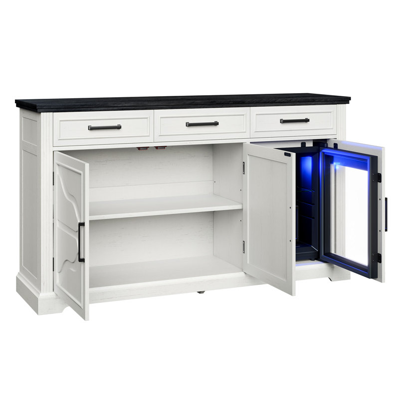 60'' Farmhouse Coffee Bar Sideboard with Built-in Beverage Fridge, Drawer Storage, and Adjustable Shelves for Dining or Living Room