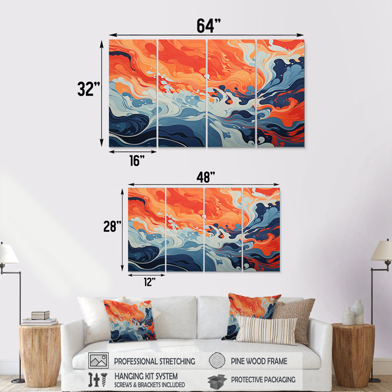 Encre liquide bleue et orange «Waves I» - Encre liquide abstraite 4 pièces, H 28 po x l 48 po