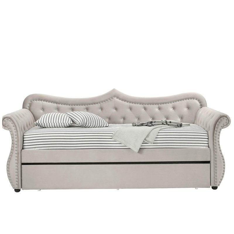 Lit de jour Adkins en lin beige avec lit gigogne (simple)