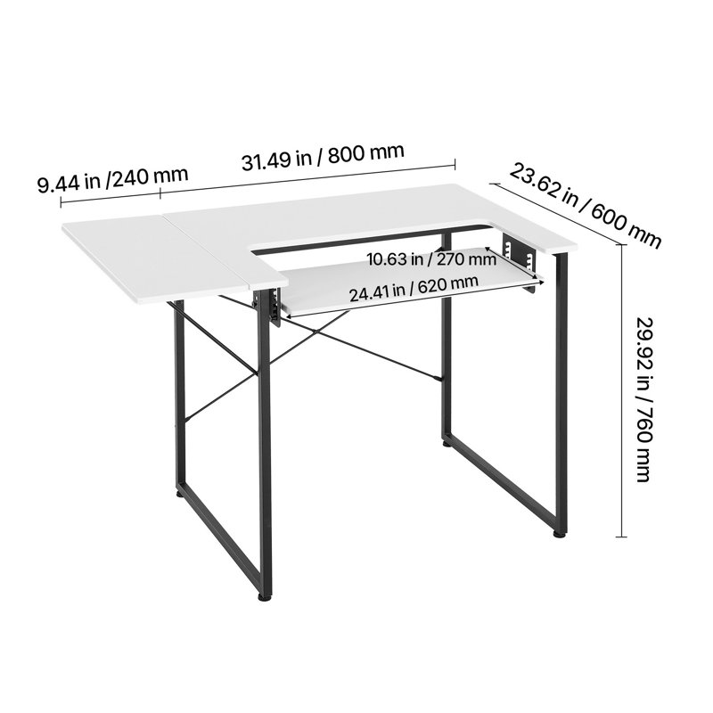 Table de couture blanche multifonctionnelle avec tablette latérale pliable et rangement réglable, bureau d'ordinateur à pattes en acier pour la maison ou l'atelier