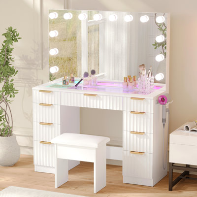 43" Glass Top Makeup Vanity With Mirror and Outlet, Makeup Table with 3-Colour Mode Smart RGB Ambient Adjustable Colourful Lighting, And 9 Drawers