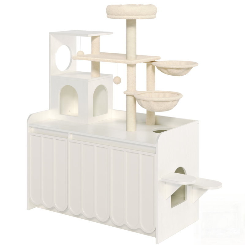 Maison pour chat tout-en-un moderne avec poteau à griffer en sisal, litière cachée et espace de rangement, idéal pour les chats d'intérieur
