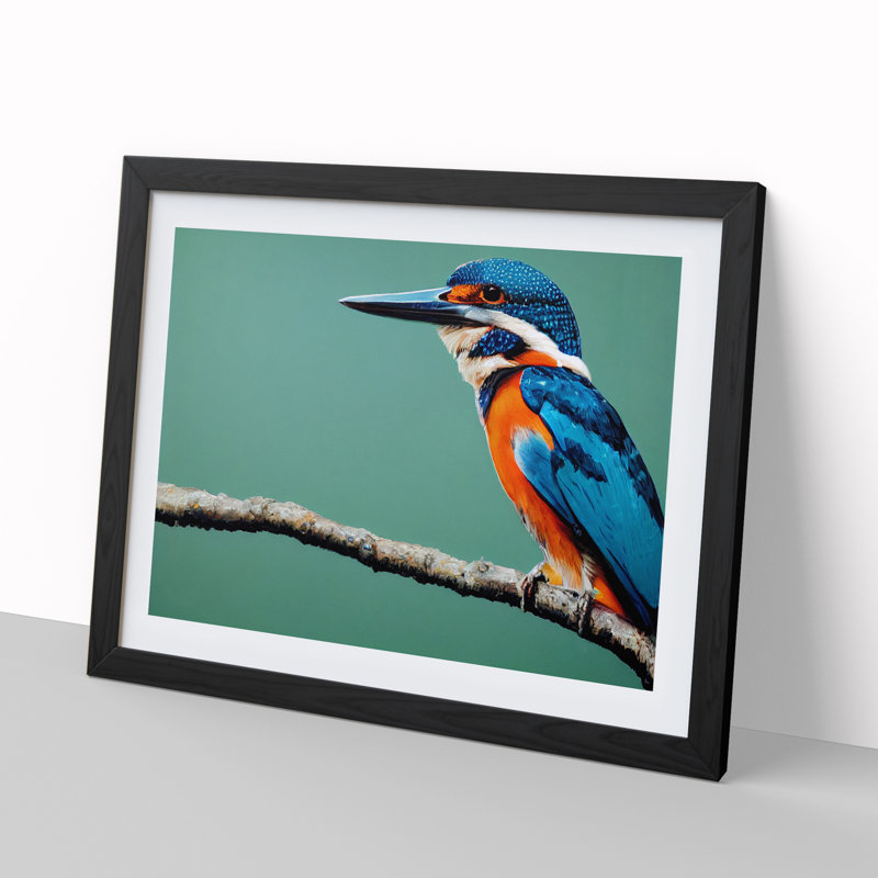 Head Turning Kingfisher Bird - Single Picture Frame Print, 46cm H x 64cm W, Black