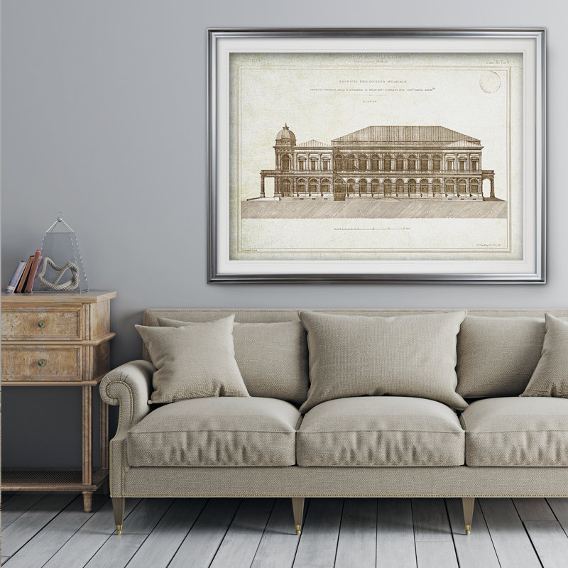 « architecture sketch ii », impression, Cadre argenté, H 31 po x l 43 po x P 1,5 po, Blanc mat