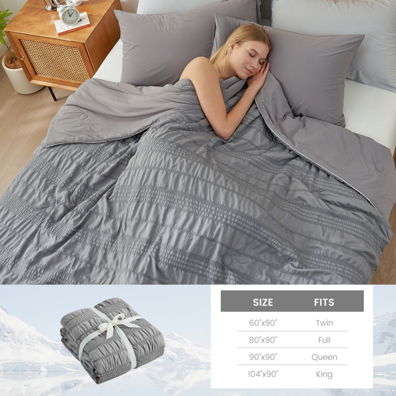 Reversible Cooling Comforter Lightweight Seersucker Cooling Blanket With Breathable Silk Smooth Summer Bedding For Hot Sleepers