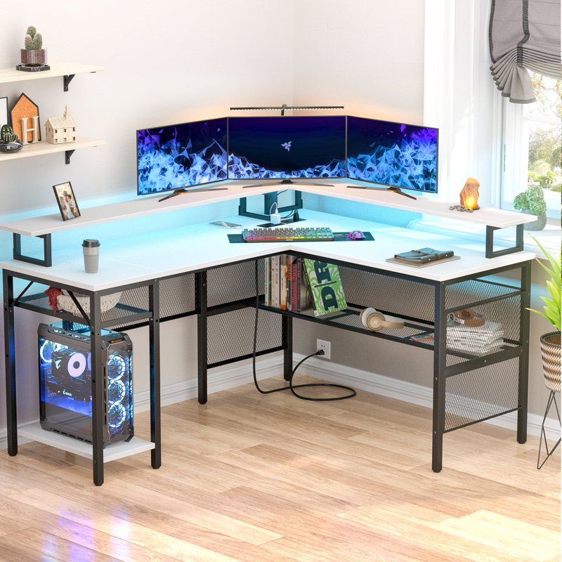 Aranson 55'' L shaped Computer Desk with Shelves, Writing Desk with Full Monitor Stand, Corner Desk with LED Lights, Gaming Desk