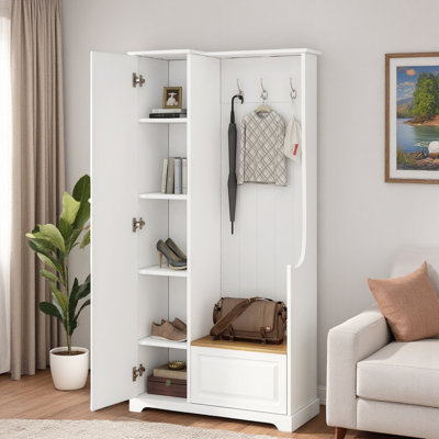 Arbre d'entrée moderne avec banc rabattable, armoire latérale de rangement, tablettes réglables et crochets