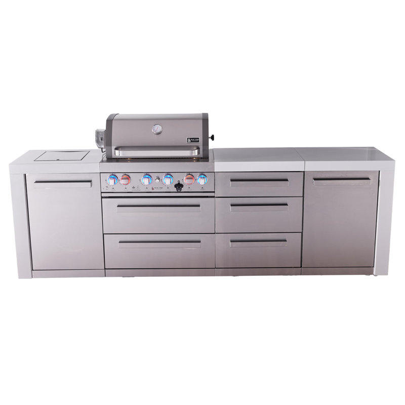 Mont Alpi Premium 4-burner 107" Deluxe Stainless Steel Island Modular Outdoor Kitchen Island Bbq Gas Grill + Infrared Side Burner + White Granite Countertops + Storage Drawers & Cabinets + Rotisserie