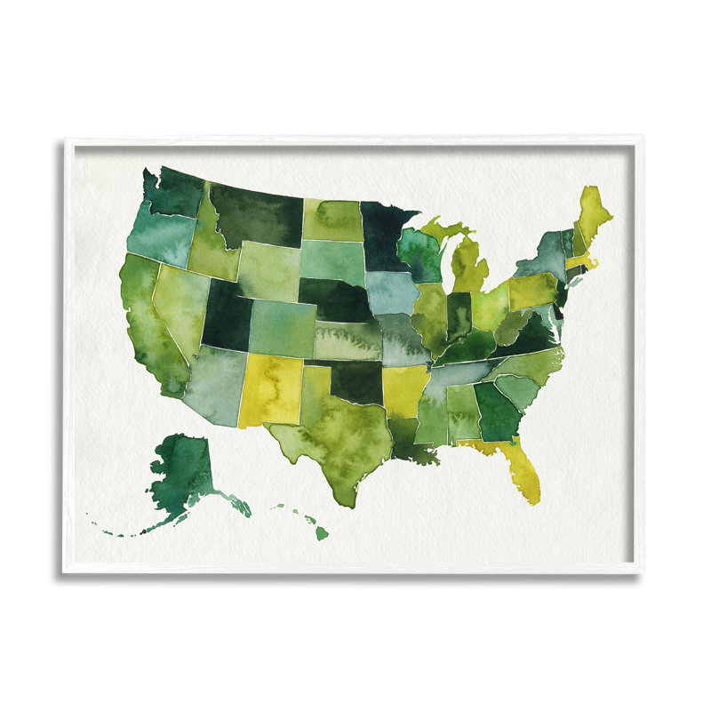 Carte des États-Unis, art moderne, H 16 po x l 20 po x P 1,5 po, Giclée encadrée blanc bord de mer