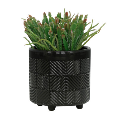 Ensemble de 2 pots à fleurs en céramique texturée noir brillant pour plantes d'intérieur et d'extérieur