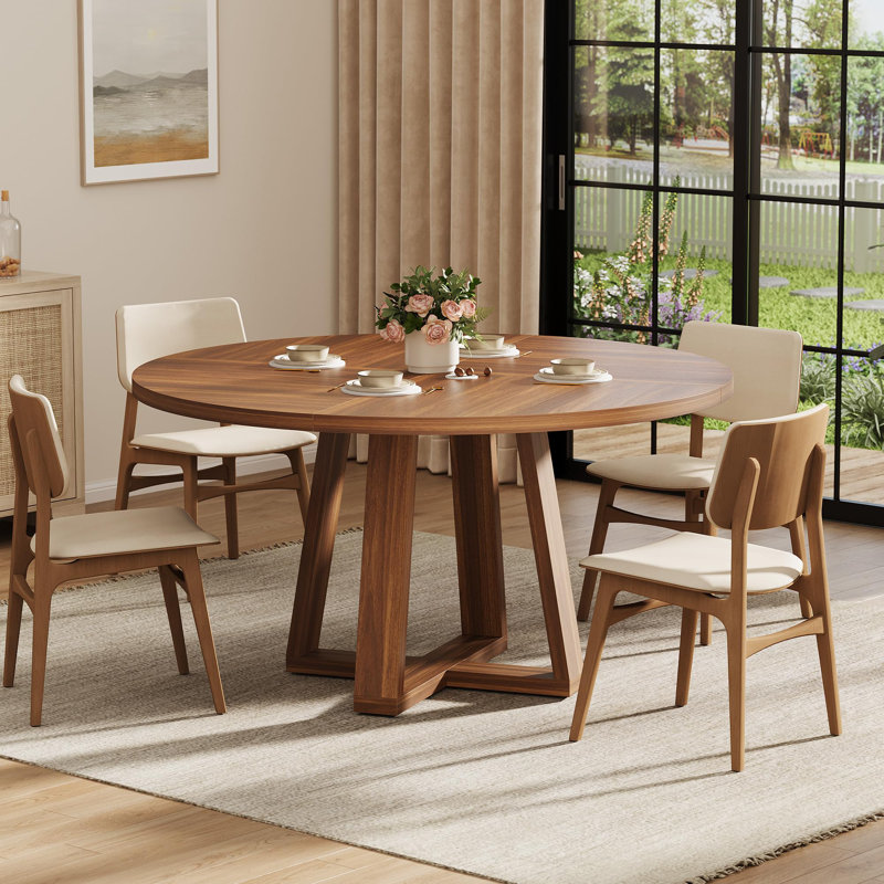 47" Round Dining Table for 4-6, Farmhouse Wood Circle Table with Cross Base (Table Only), Walnut