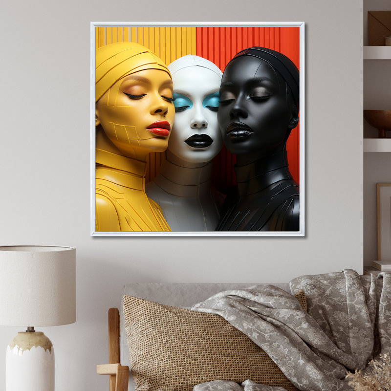 Trois déesses de l'unité universelle sur toile, H 36 po x l 36 po, Cadre flottant blanc