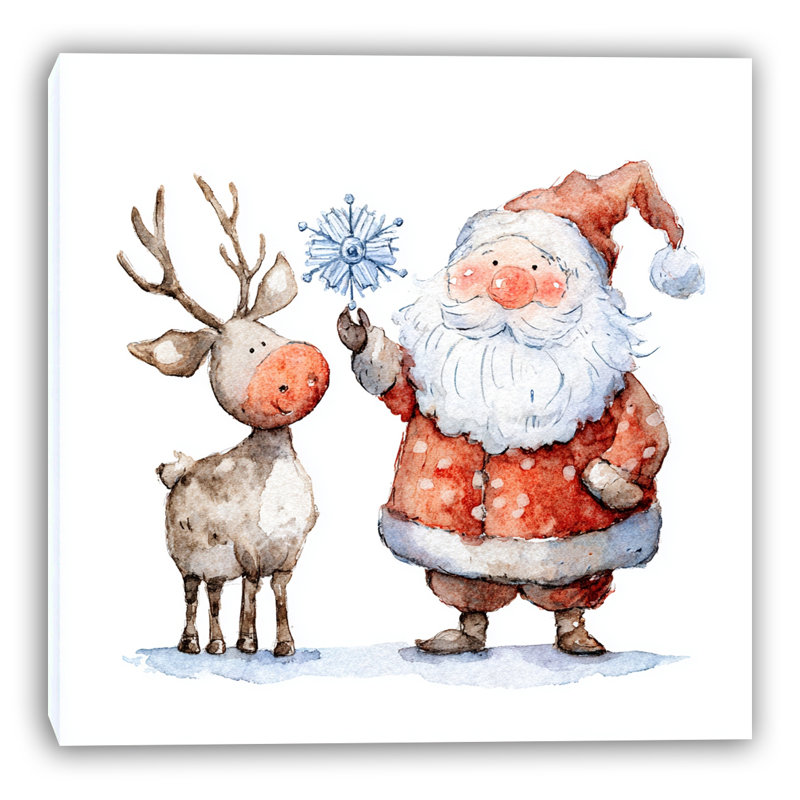 Père Noël et renne sur toile flocon de neige, H 12 po x l 12 po