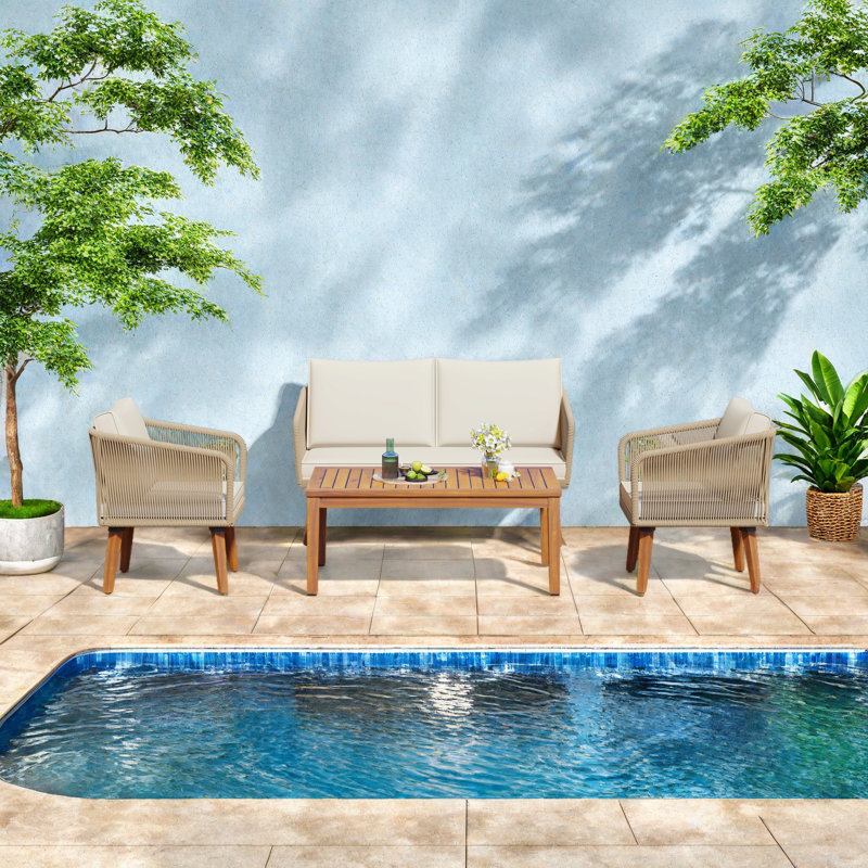 Ensemble de conversation pour patio 4 pièces, causeuse en bois massif, 2 chaises et table, ensemble de conversation avec coussins pour la cour, la piscine et le jardin