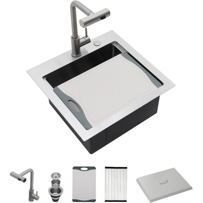 Station de travail d'évier de cuisine en acier inoxydable à simple cuve encastrable L 21 po x l 20 po avec couvercle anti-poussière et robinet rétractable SUS304