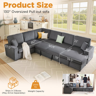 130" U-Shaped Sectional Sofa Bed with Chaise, Pull Out Sleeper and Storage, 7-Seater Convertible Couch for Living Room, Gray Corduroy