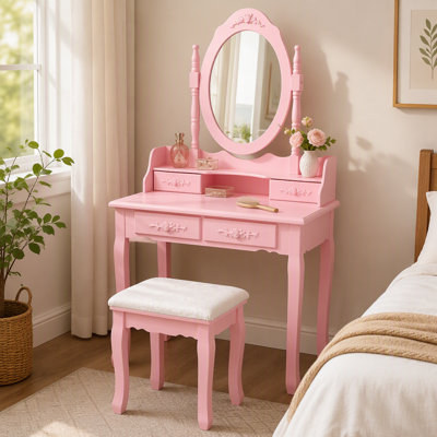 Ensemble de coiffeuse en bois rose de style princesse, hauteur 138 cm, avec miroir et tabouret rembourrés, 4 tiroirs offrant un grand espace de rangement pour chambre de fille